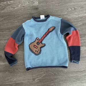 Vtg MULBERRIBUSH Guitar Knit Sweater Blue Boys Kids Colorblock Cotton Rockstar 8